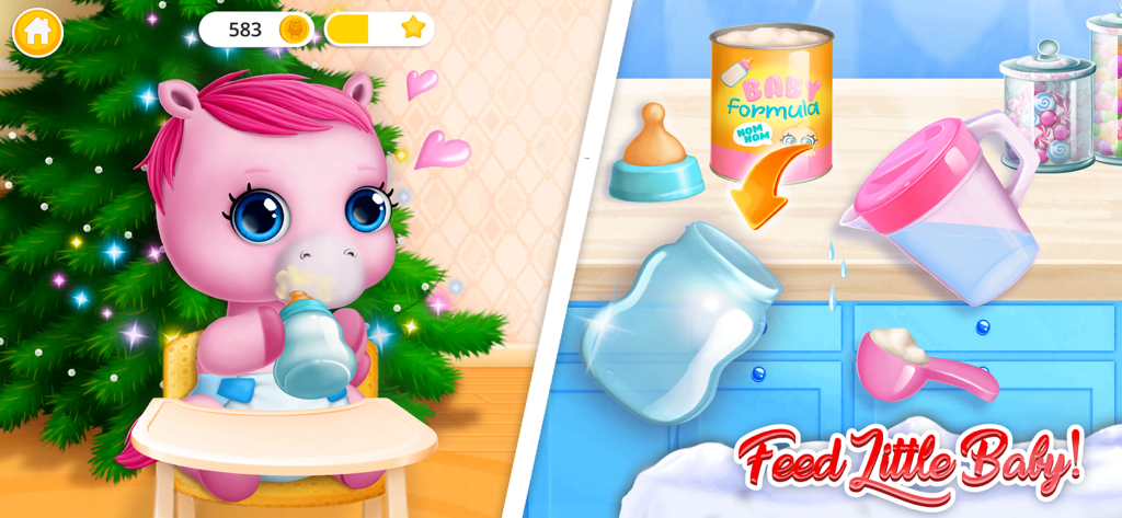 Pony Sisters Christmas - A pink baby pony being bottle-fed in front of a Christmas tree and a kitchen counter showing baby formula preparation