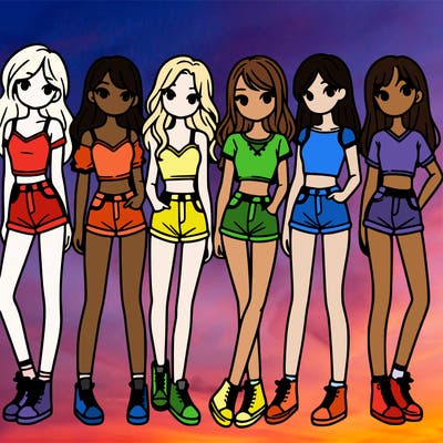 a group of girls wearing crop tops and shorts