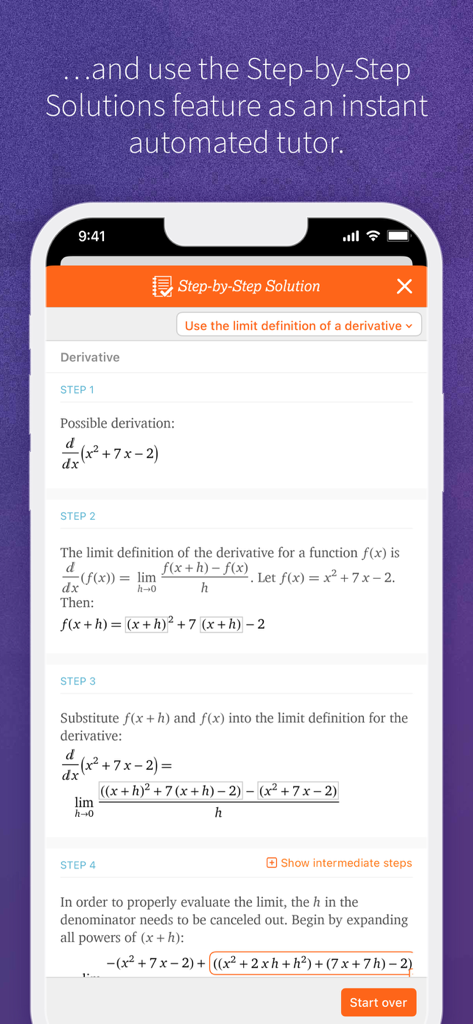 WolframAlpha - Aplicativo WolframAlpha exibindo uma solução passo a passo para um problema de cálculo de derivada