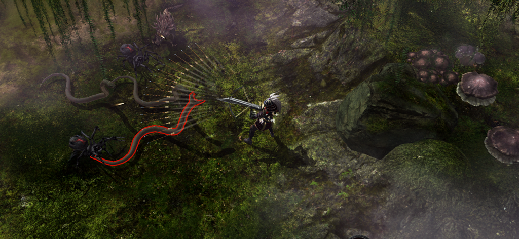 Gameplay screenshot of Oniro ARPG showing a character using a multi shot crossbow skill against spiders and a snake in a dark forest