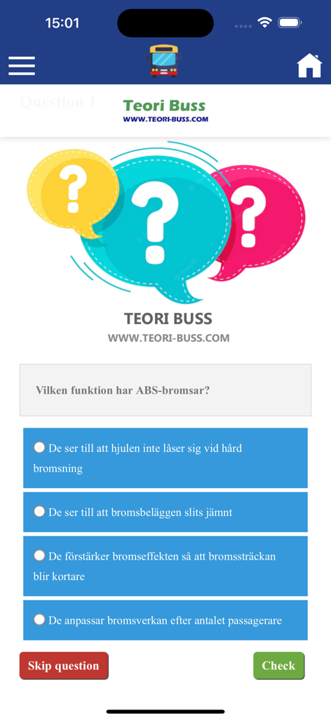 Teori Buss mobile app interface showing a multiple choice theory question about ABS brakes for the Swedish Category D bus license