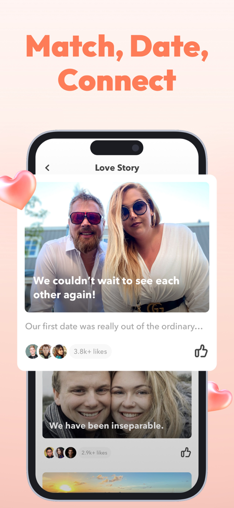 WooPlus - Body Positive Dating - A smartphone screen from the WooPlus app displaying happy couples and their love stories under the heading Match Date Connect.