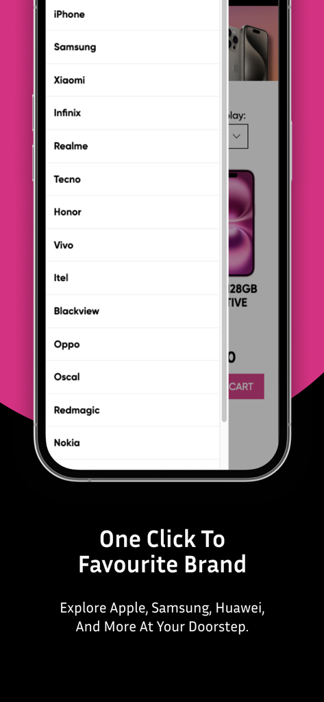 Pantalla de la aplicación Mr. Phone mostrando una lista de marcas de teléfonos móviles, incluidos iPhone, Samsung y Xiaomi.