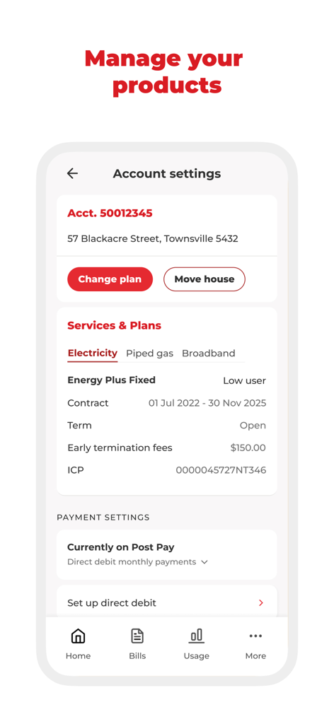 Account settings screen in the Contact Energy app showing plan details and payment options