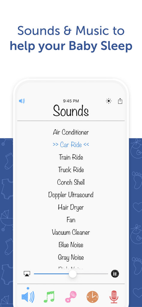 White Noise Baby - Oberfläche der White Noise Baby App, die eine Liste von Umgebungsgeräuschen zur Beruhigung von Säuglingen zeigt.
