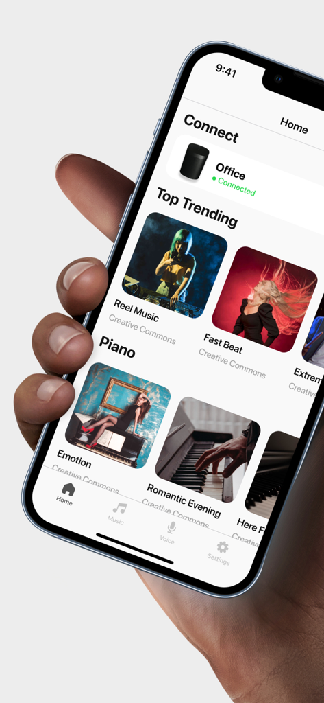 S1 & S2 Controller for Sonos - iPhone mostrando la pantalla de inicio de la aplicación controladora S1 y S2 de Sonos con categorías de música y un altavoz conectado