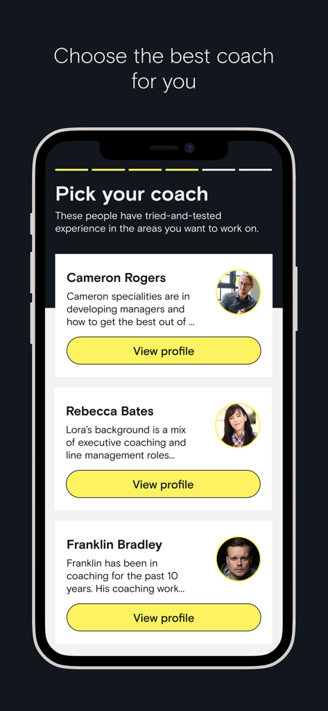 EZRA Сoaching - Smartphone screen of the EZRA Coaching app showing a selection of professional executive coaches