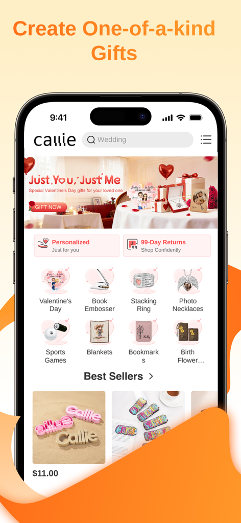Callie mobile app home screen showing personalized gift categories like jewelry and accessories