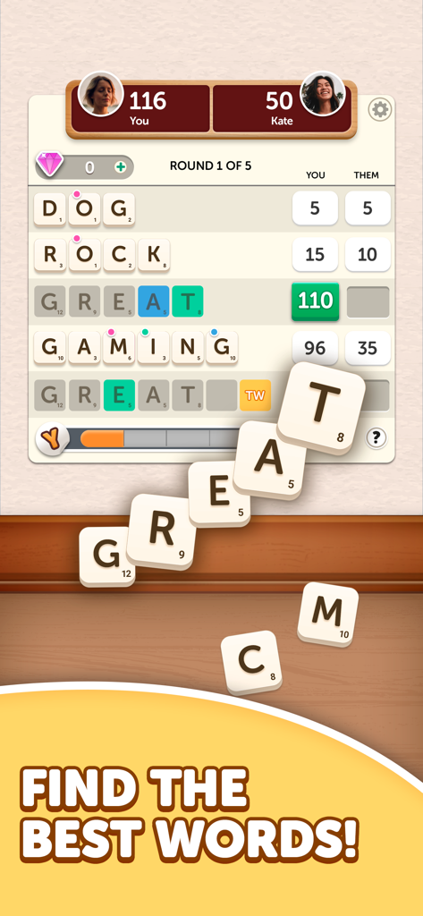 Gameplay screenshot of Word Yatzy showing a player scoring 110 points for the word GREAT in a turn based match