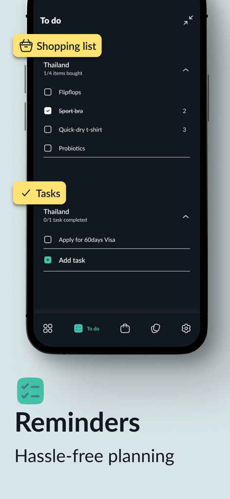 Pak - Travel Packing Checklist - Interfaz móvil de la aplicación Pak que muestra listas de compras de viaje y tareas para una planificación de viaje eficiente