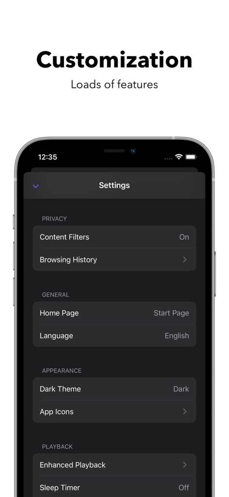 Video Lite app settings menu with customization features like dark mode and content filters