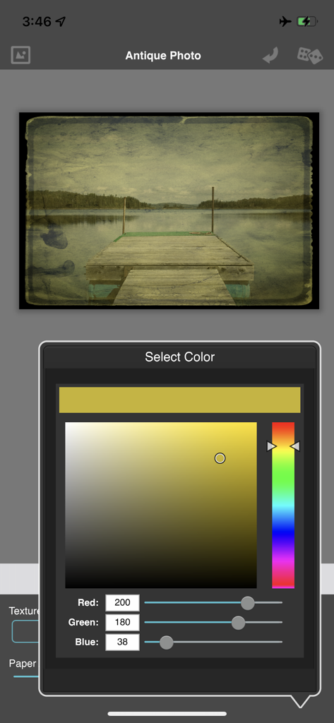 Vintage Scene - Vintage Scene app interface showing a color picker used to customize an antique photo filter on a lake image