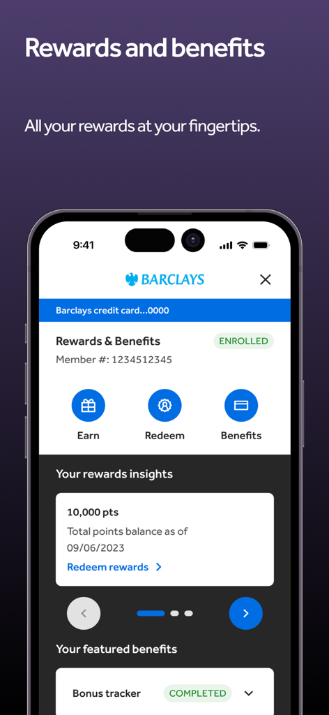 Barclays US app rewards and benefits interface showing points balance and redemption options