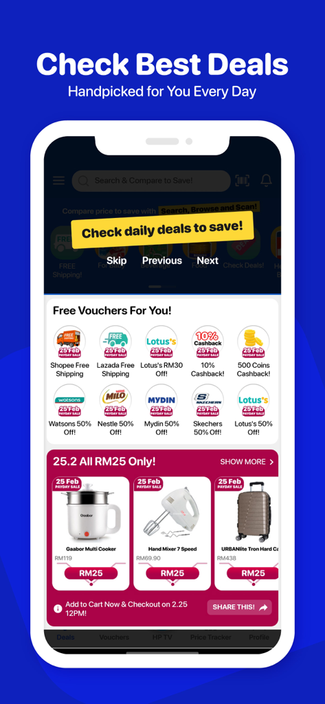 Hargapedia app screen displaying daily shopping deals and discount vouchers
