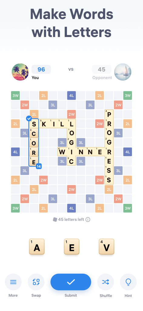 Easy Words - Word Puzzle Games - Easy Words 모바일 앱 게임 플레이, 글자 타일과 점수가 있는 13x13 십자말 퍼즐 보드를 보여줌.