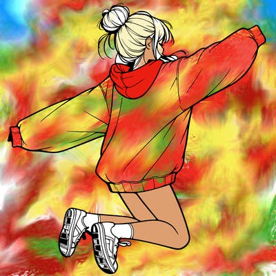 realistic girl jumping with a bun and oversized sweatshirt
