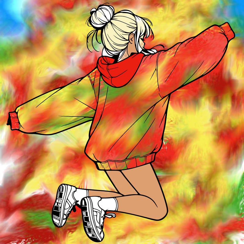 realistic girl jumping with a bun and oversized sweatshirt