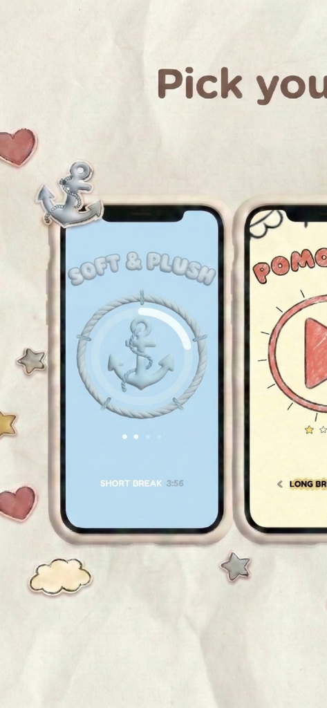 Podo - Pomodoro Timer - Selection of aesthetic themes for the Podo Pomodoro timer app featuring a soft blue design with an anchor icon