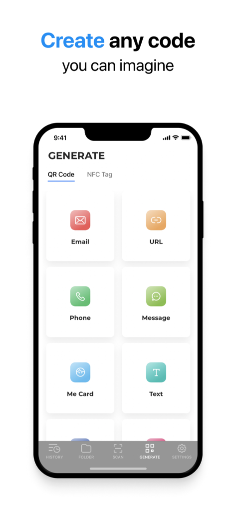 Qr-Code Scanner & Creator App - Pantalla de la aplicación móvil que muestra opciones para crear códigos QR para correo electrónico, enlaces web e información de contacto.