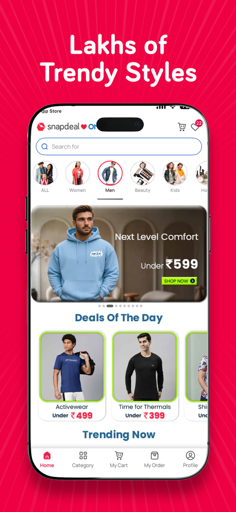 Pantalla de inicio de la aplicación móvil Snapdeal que muestra ofertas diarias y categorías de moda asequible