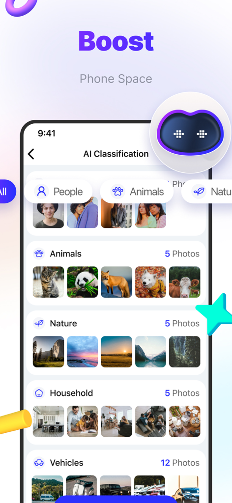 DupiClean - AIScanEngine - DupiClean app interface showing AI classification of photos into categories like animals nature and household to boost phone space