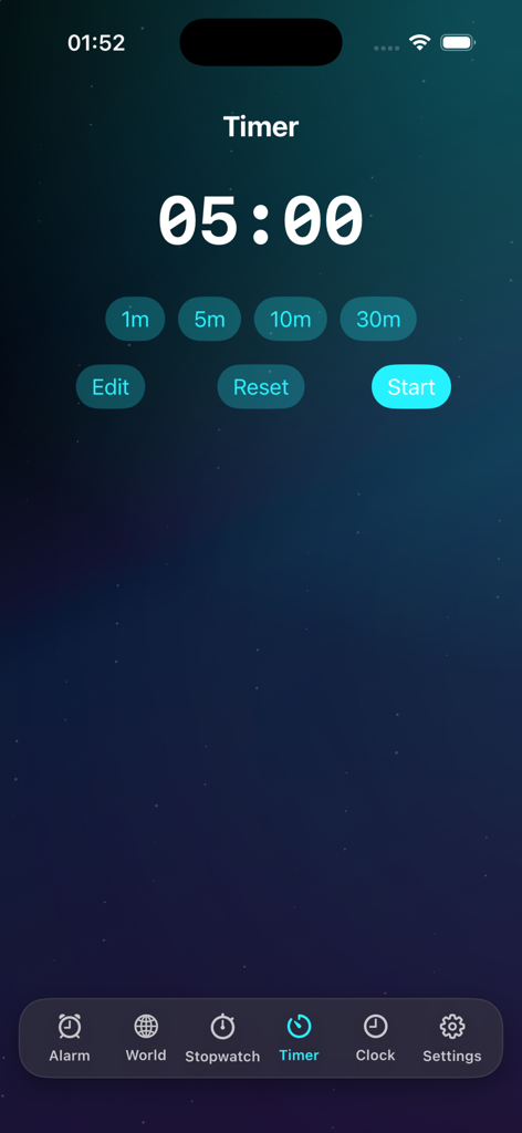 Alarm Clock – Loud Wake Up* - A digital timer interface in the Alarm Clock app showing a five minute countdown with quick selection buttons.