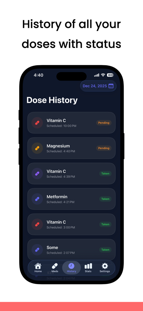 Medloo: Medicine Tracker - Medloo app dose history screen showing a list of medications with pending and taken statuses