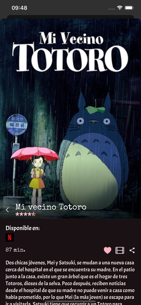 Pelis del Día - Página de detalles de la película Mi Vecino Totoro que muestra la disponibilidad en Netflix y la sinopsis en español
