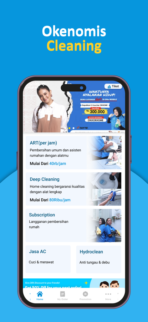 OKHOME - OKHOME-App-Oberfläche, die Optionen für Haushaltsreinigung und Klimaanlagenservice anzeigt