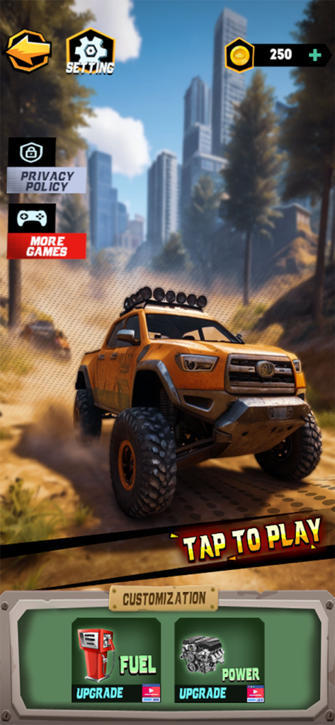 4x4 Runner Off-road Simulator - Pantalla del menú principal de 4x4 Runner Off-road Simulator con una camioneta pickup naranja en un sendero de tierra con opciones de mejora de vehículos.