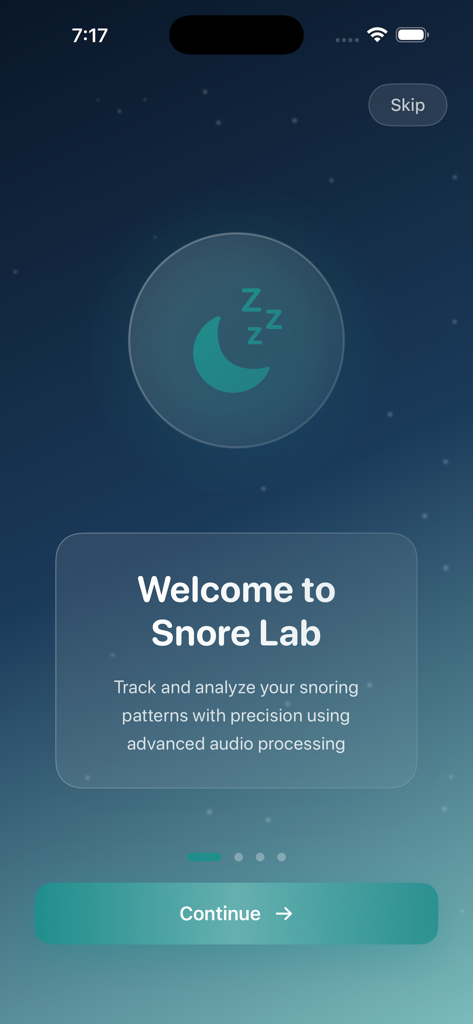 Snore Recorder Tracker - Welcome screen of the Snore Recorder Tracker app explaining snoring pattern analysis and audio processing features.