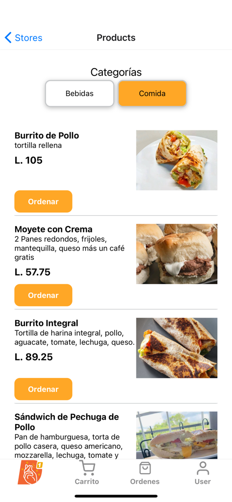Deuna Go - Menu de produtos alimentícios locais no aplicativo Deuna Go mostrando burritos e sanduíches com preços