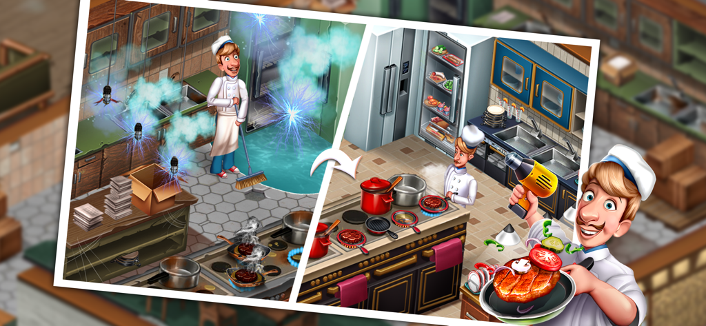 Comparación de antes y después de la renovación de una cocina de restaurante en el juego Cooking Team