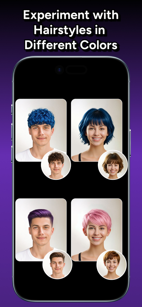 Examples of AI hair color changes and hairstyles for men and women including blue curly hair and pink pixie cut