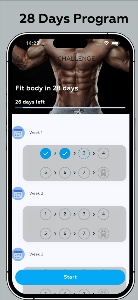 Home Workout - Fit At Home - Interface de l'application Home Workout montrant un programme de remise en forme de 28 jours avec suivi des progrès hebdomadaires