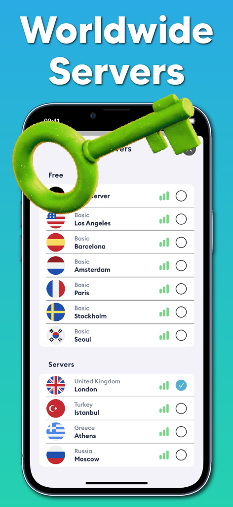 VPN Hero:Super Unlimited Proxy - Screenshot of VPN Hero app showing a list of global server locations including London and Los Angeles with a decorative green key
