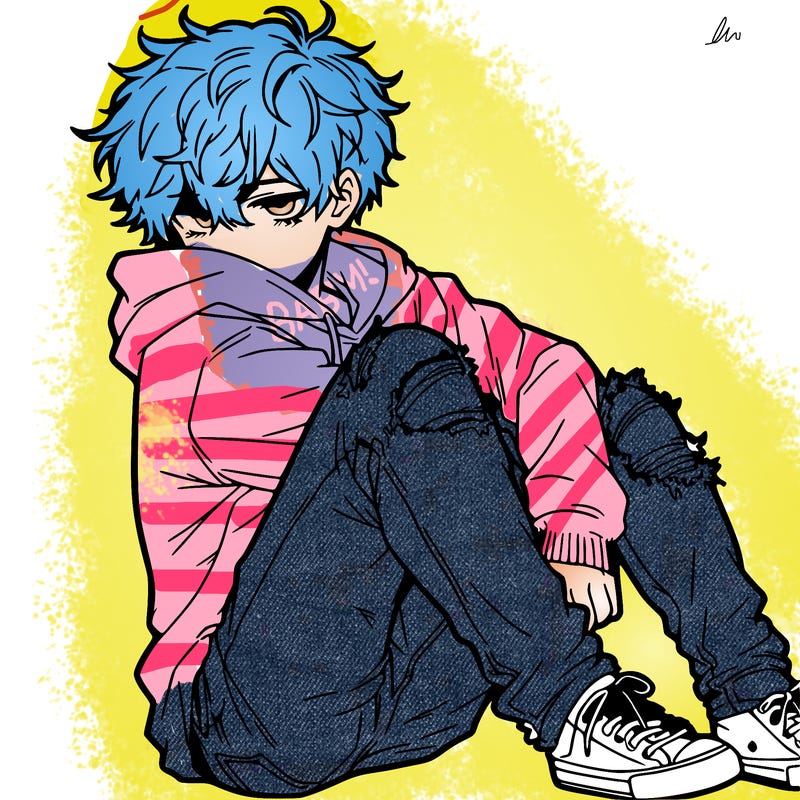 a male hoddie ripped jeans messy hair anime