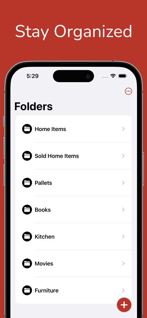 Stockroom Inventory Plus - Stockroom Inventory Plus app displaying a list of custom folders for organized stock management on an iPhone