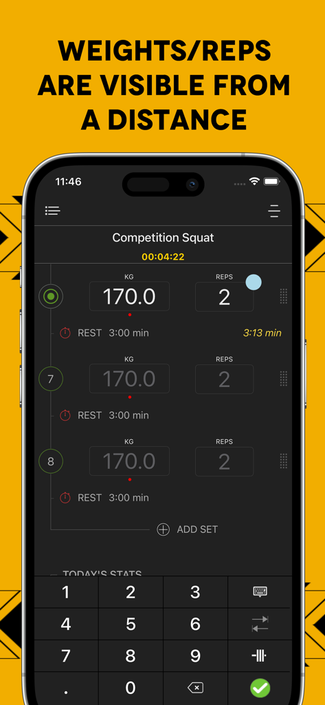 Sheiko Gold: AI Powerlifting - Interfaccia dell'applicazione mobile Sheiko Gold che mostra testo grande per pesi e ripetizioni dello squat di competizione