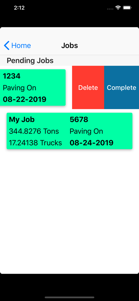 A list of pending paving jobs in the Asphalt Calculator app showing material tonnage and truck count details