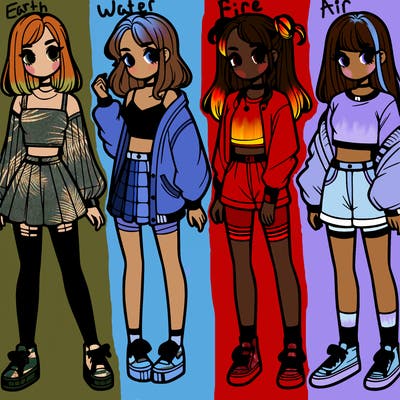 one girl with crop-top shirt and a jacket with a skirt, long socks and another girl with a shirt and pants with a jacket