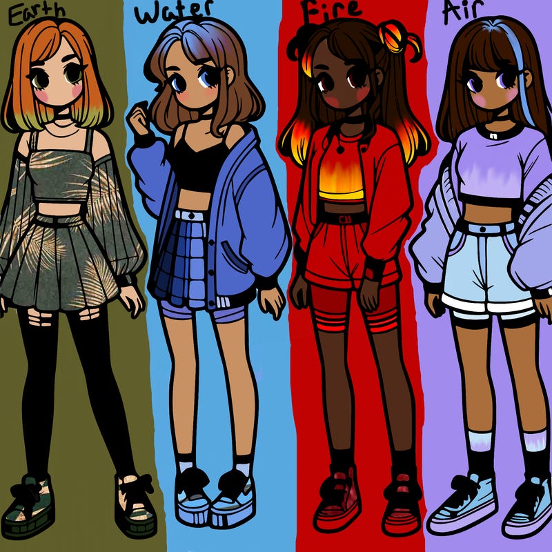 one girl with crop-top shirt and a jacket with a skirt, long socks and another girl with a shirt and pants with a jacket