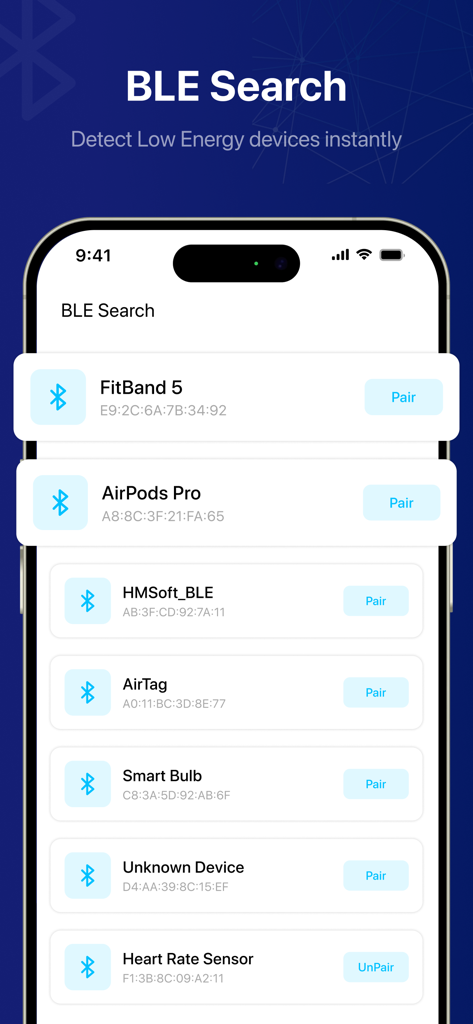 Bluetooth Auto Connect - Bluetooth BLE search screen showing a list of nearby devices like AirPods, AirTags, and smart bulbs with pairing options