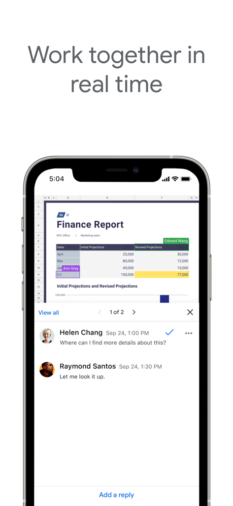 Mobile interface of Google Sheets showing a finance report with real-time comments and collaboration
