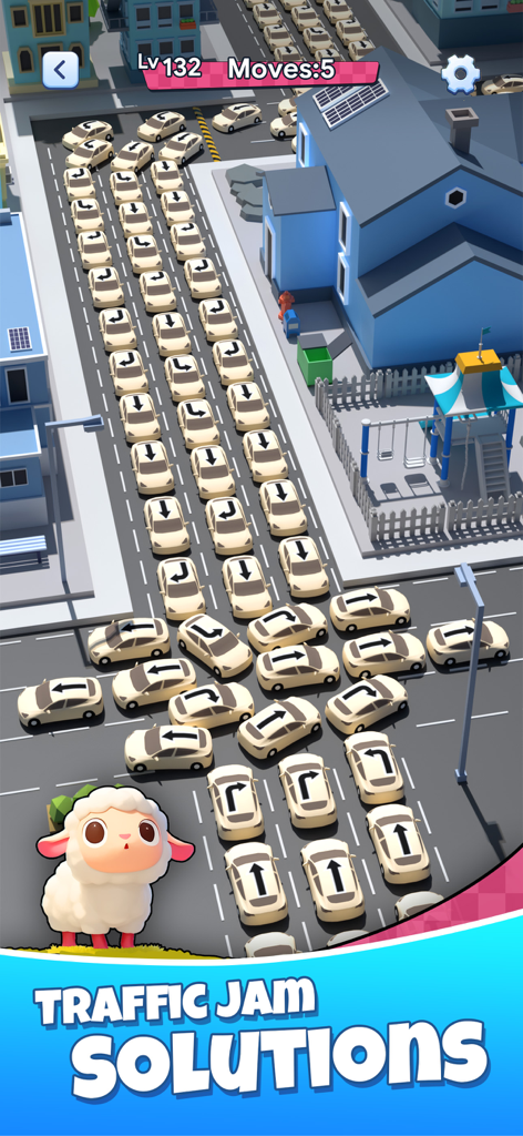 Traffic 3D Parking: Escape Jam - A complex 3D traffic jam puzzle at level 132 in the Traffic 3D Parking mobile game with a cute sheep character.