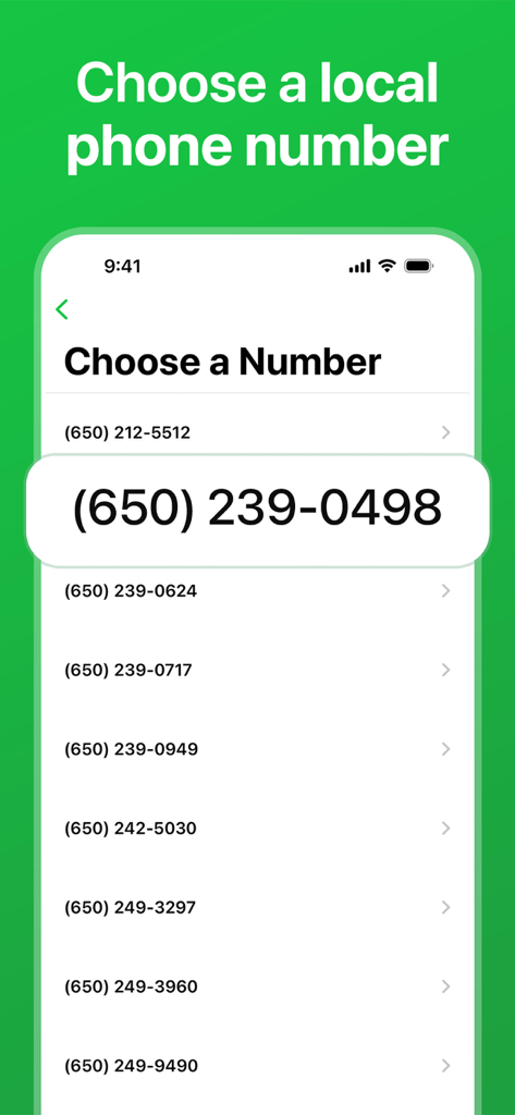 The interface of the Second Line app showing a list of available local phone numbers for the user to choose from