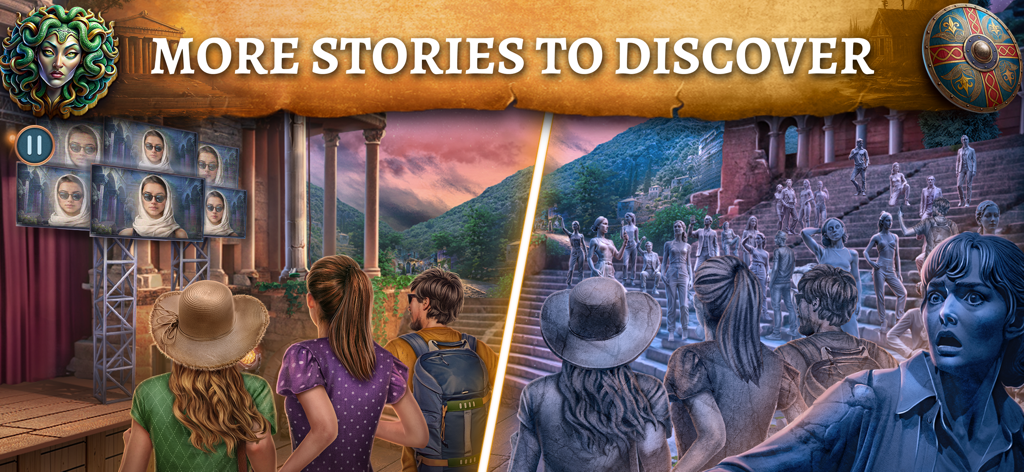 Mystery of Myth: Hidden Object - A split screen showing characters at an ancient Greek site with some turning into stone statues under a Medusa icon.