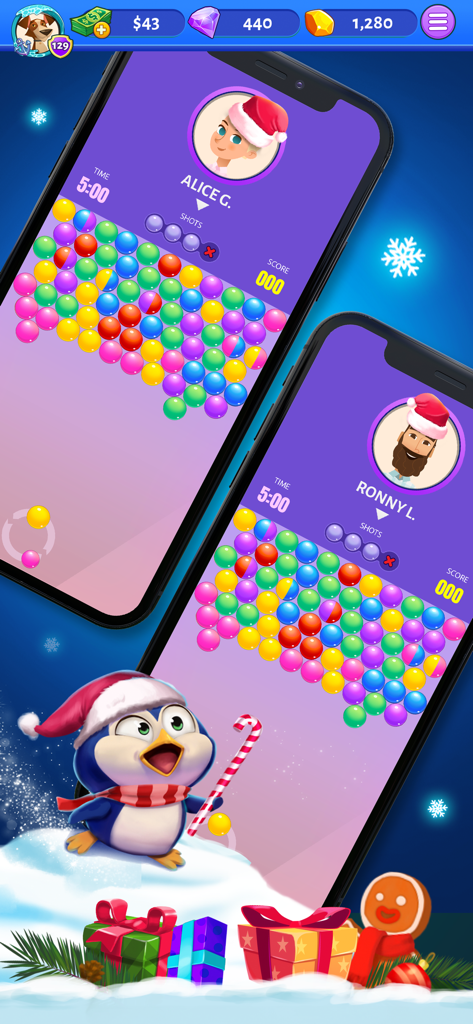 Interfaz del juego móvil Bubble Cash con temática invernal festiva, partidas competitivas de shooter de burbujas y premios en dinero real