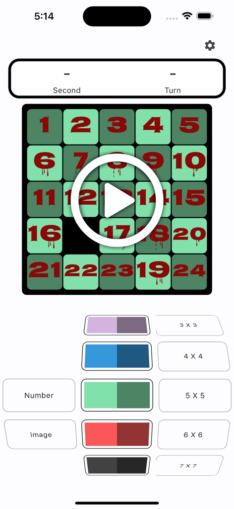 Moving Sliding Puzzle Game interface with a five by five numeric grid and customization menus