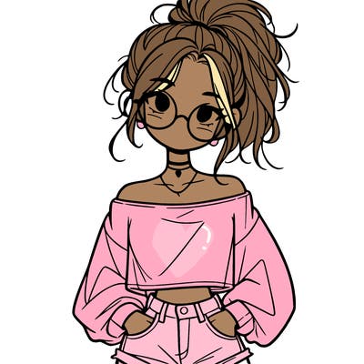 girl with a messy ponytail glasses a baggy crop top and jean shorts